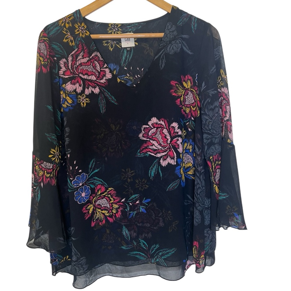 CAbi Olivia Blouse Floral Bell Sleeve Blouse in Black and Pink size L